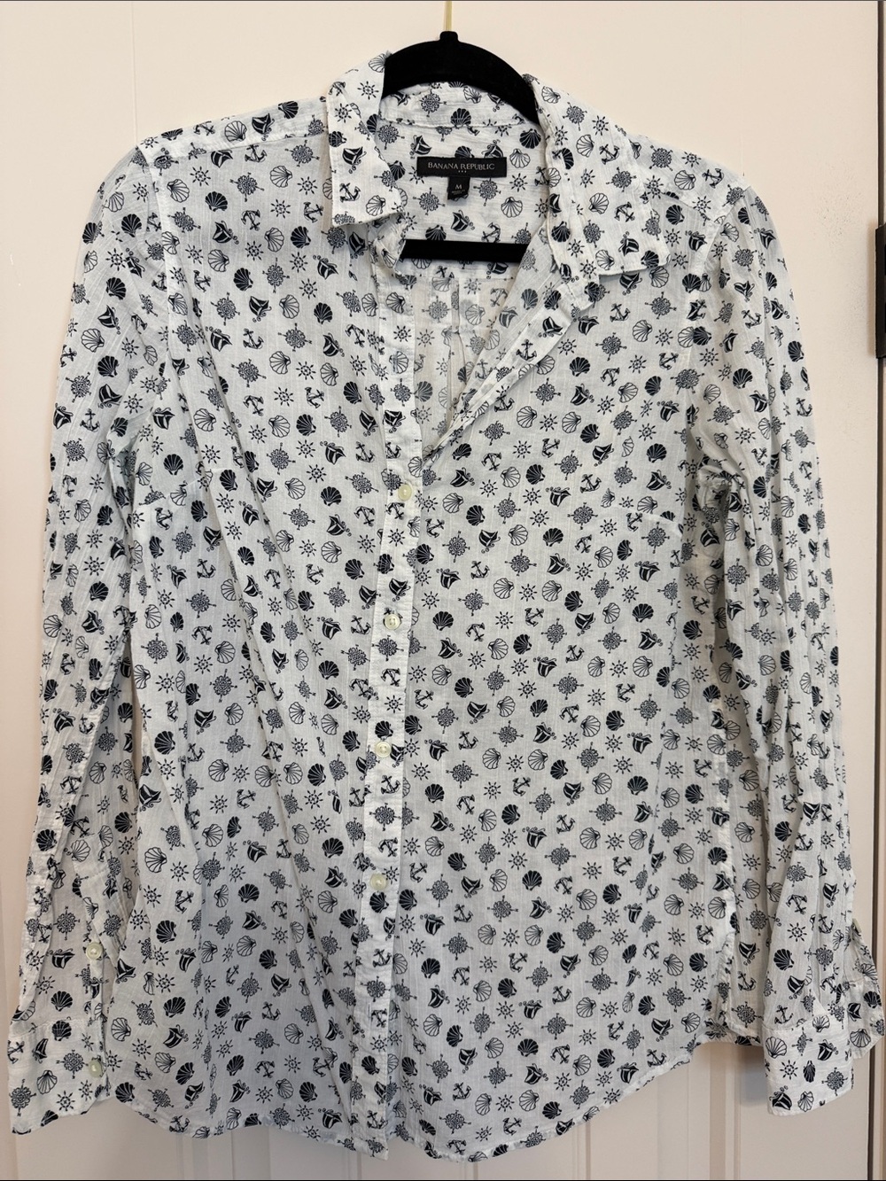 Banana Republic Gauzy White Button-Down with Navy Nautical Motif